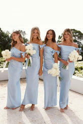 Cheap Long Light Blue Bridesmaid Dress Off-Shoulder Sheath Pleated Satin - MyChicDress